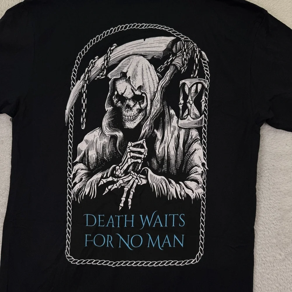 NEW Zero Foxtrot T Shirt Men Small Black Skull Death Waits For No Man Reaper - Picture 1 of 7